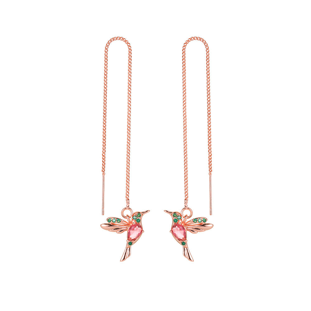 Hummingbird Threader Earrings - Crystal Drop Chain