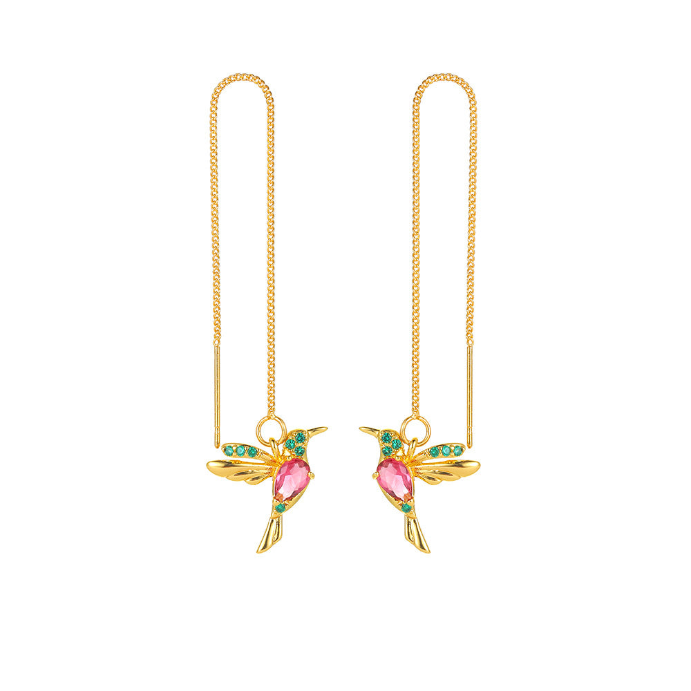 Hummingbird Threader Earrings - Crystal Drop Chain