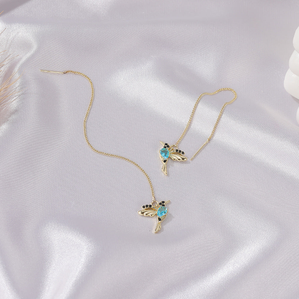 Hummingbird Threader Earrings - Crystal Drop Chain