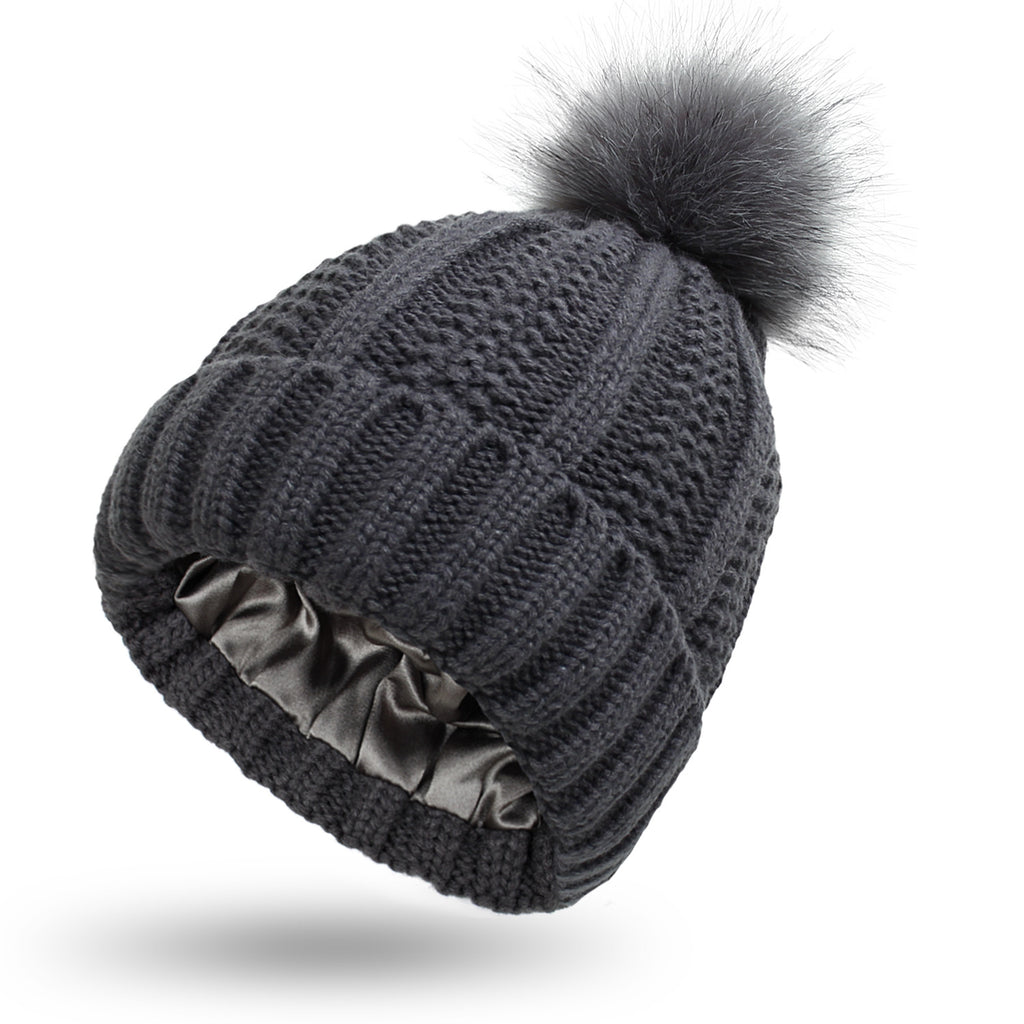 Rozené Pom Pom Knitted Beanie - Faux Fur Winter Hat