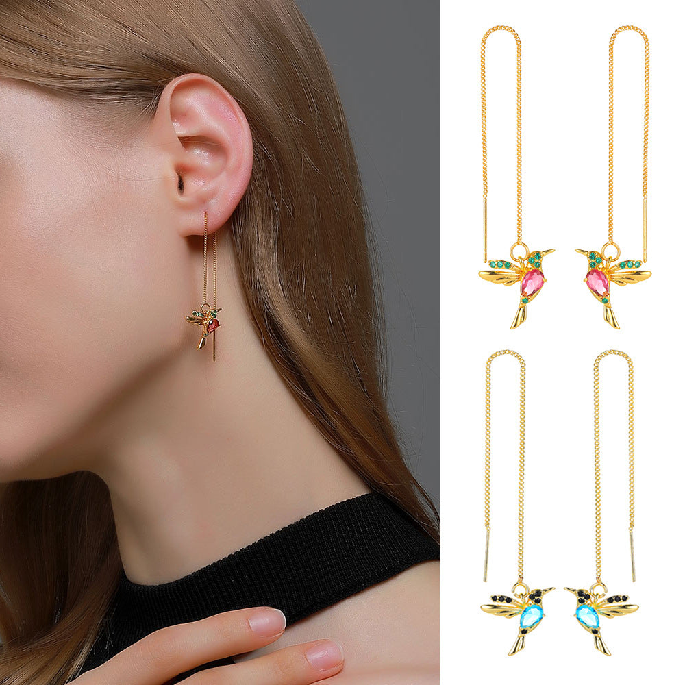 Hummingbird Threader Earrings - Crystal Drop Chain