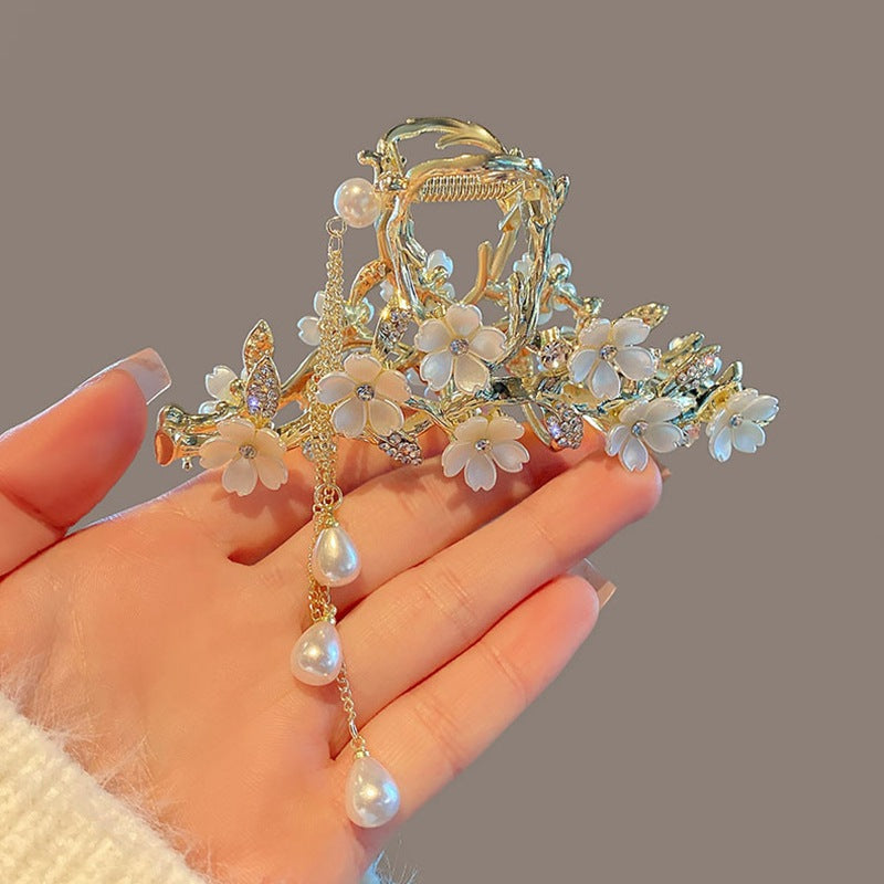 Rozené Pearl Orchid Hair Claw Clip - Metal Tassel | Statement