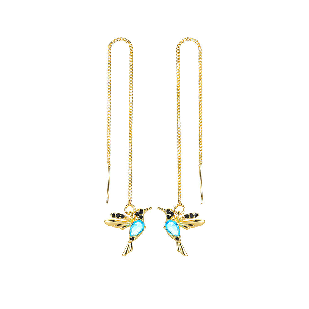 Hummingbird Threader Earrings - Crystal Drop Chain