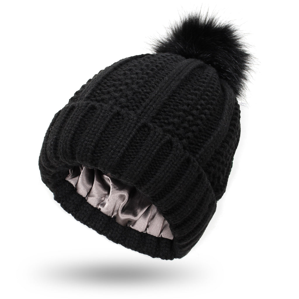 Rozené Pom Pom Knitted Beanie - Faux Fur Winter Hat