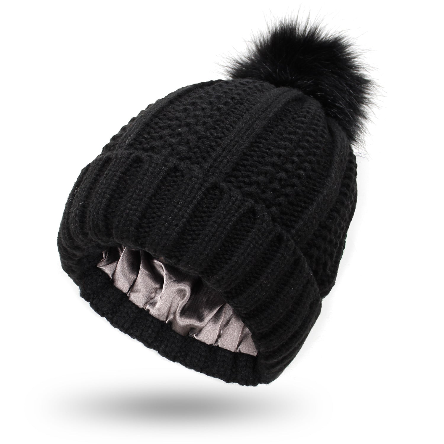 Rozené Pom Pom Knitted Beanie - Faux Fur Winter Hat