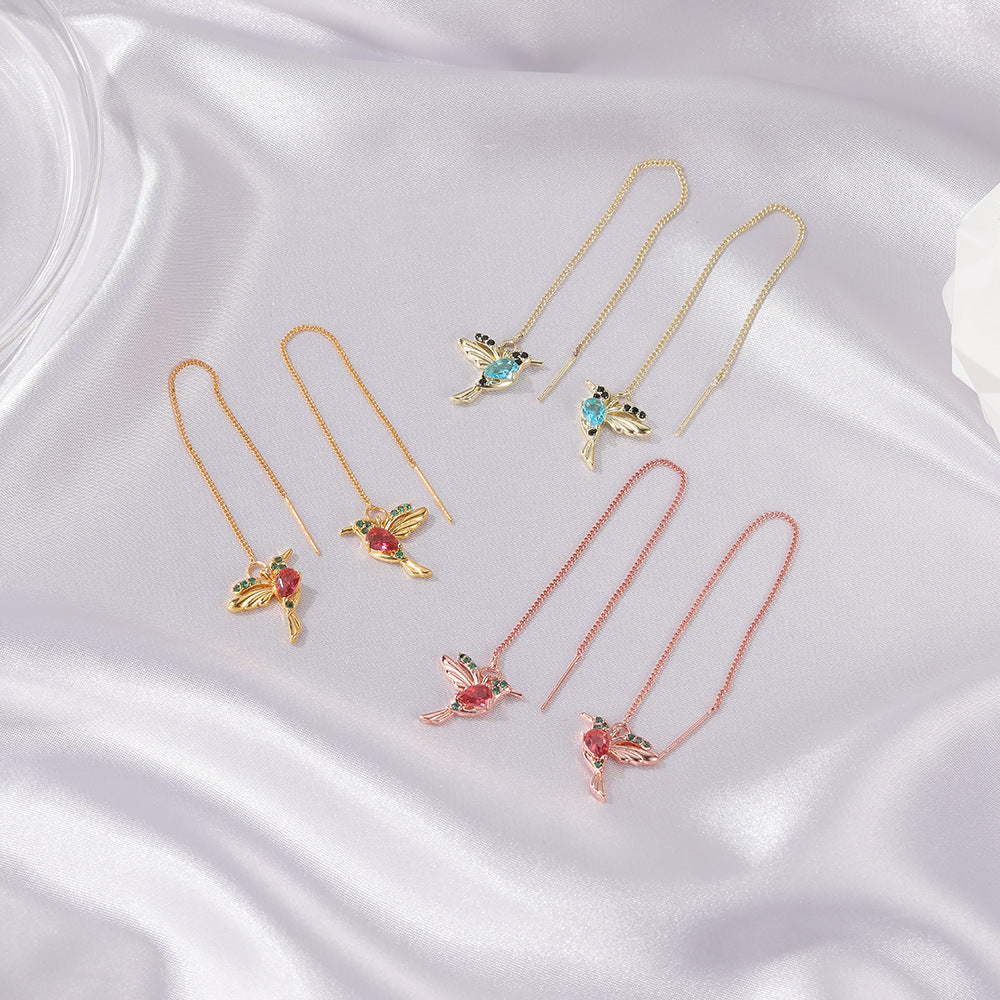 Hummingbird Threader Earrings - Crystal Drop Chain