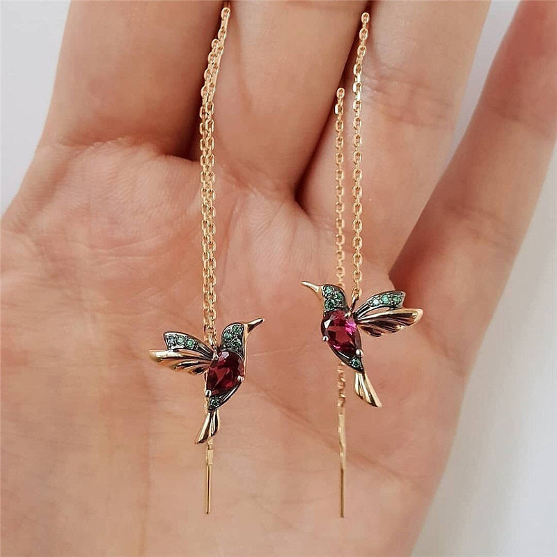 Hummingbird Threader Earrings - Crystal Drop Chain